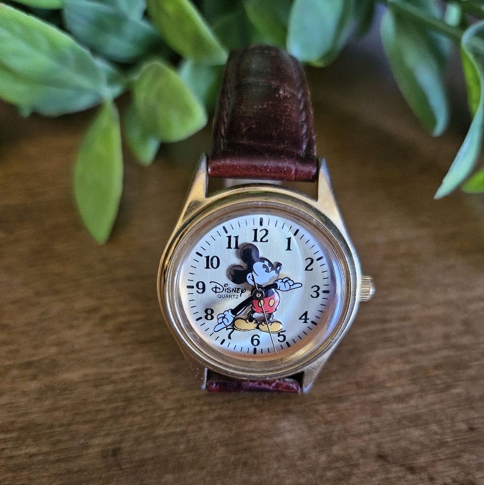 Disney Mickey Mouse Gold Watch With Leather Band